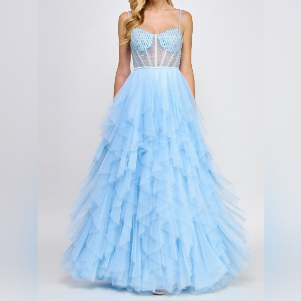 Say Yes Juniors' Rhinestone-Embellished Bustier Ball Gown, powder blue